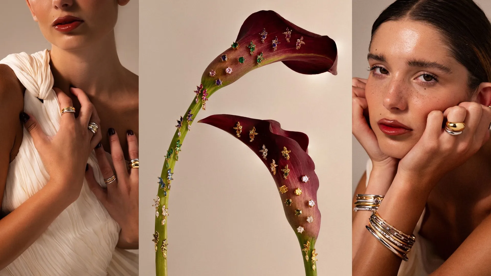Caitlyn Minimalist campaign: a woman in a white dress, calla lilies set with jewelry, and a woman resting her face on ringed hands