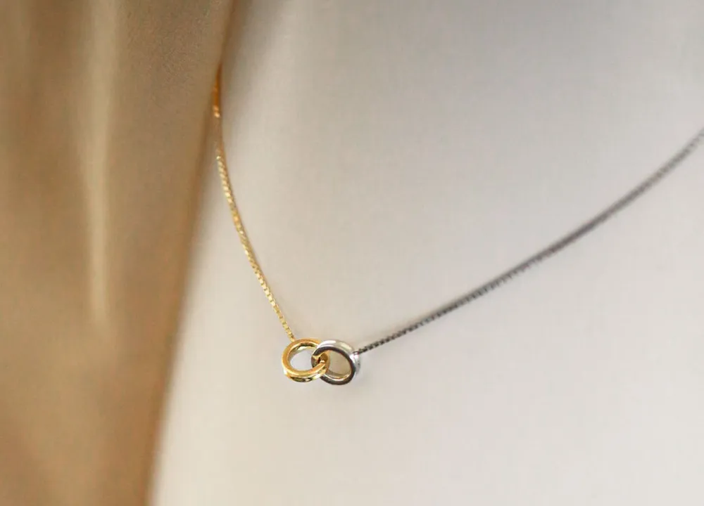 Interlocking Circles Necklace, one gold ring linked through one silver ring
