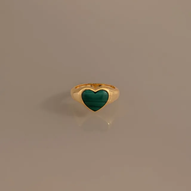 Malachite Heart Signet Ring, a green heart shaped stone on a gold band