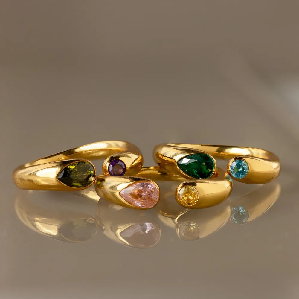 Five gold Toi et Moi Birthstone Signet Rings, each set with two different stones